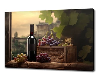 Red Wine Bottle Grapes Canvas Print | Tuscany Vineyard Italian Art | Wine Lover Gift Wall Hanging | Kitchen Restaurant Wall Art Print