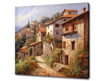 May include: A painting of a quaint Italian village nestled on a hillside. The houses are painted in warm tones of beige and terracotta, with terracotta tile roofs. A winding cobblestone path leads up the hill, lined with lush greenery and vibrant flowers.