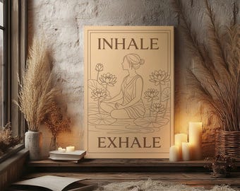 Stampa su tela "Inspira, espira" con tema yoga, arte murale con loto per la meditazione consapevole.