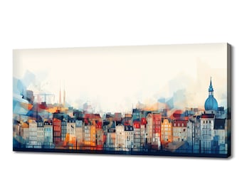 Brussels Skyline Canvas Print, Colorful Cityscape Watercolor Art, Modern Home Office Decor