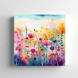 Abstract Colourful Meadow Flowers Field Watercolour Painting Style Canvas Print, Modern Floral Wall Art Print, Botanical Art Prints
