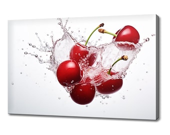 Red Cherries Splash Canvas Print | Vibrant Fruit Kitchen Wall Art