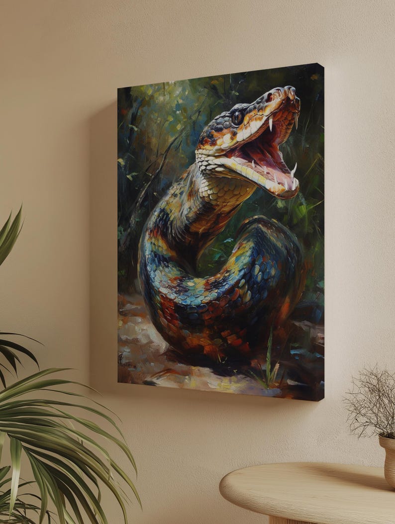 May include: A rectangular canvas wall art print featuring an oil painting of a coiled snake with its mouth wide open, revealing sharp fangs. The snake displays a vibrant, multi-coloured scale pattern in shades of blue, orange, and yellow.