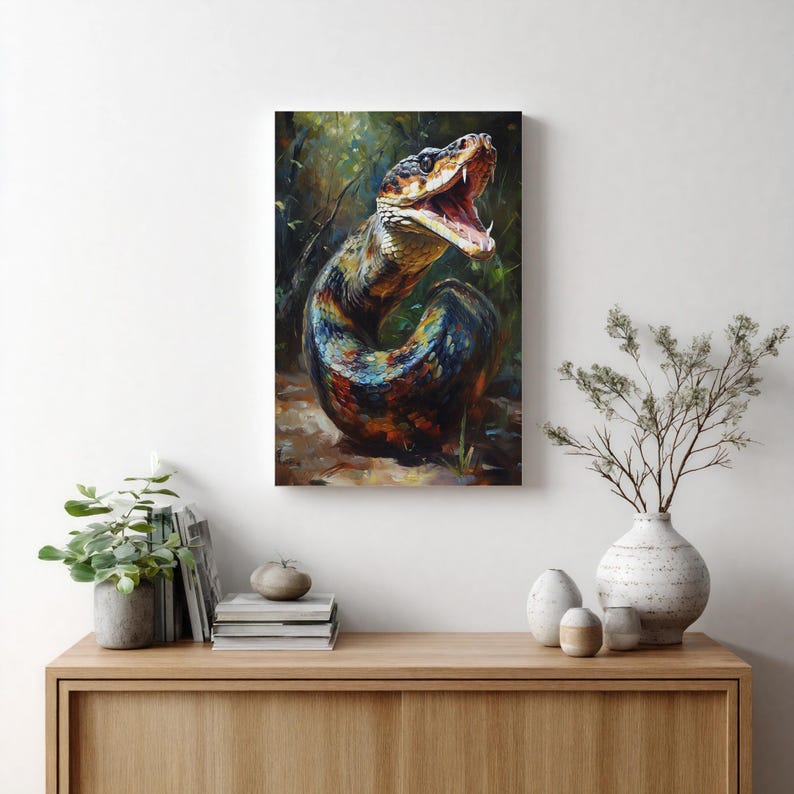 May include: A rectangular wall art print featuring a detailed painting of a snake with its mouth open, displaying sharp teeth. The snake has iridescent scales in shades of blue, green, orange, and brown, set against a dark, forest-like background.