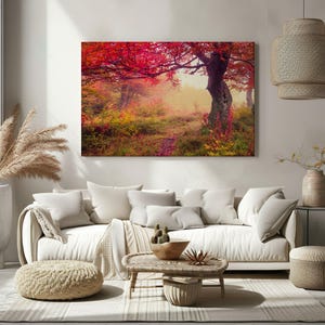 Red Tree canvas wall art print, autumn forest landscape art, rustic countryside home décor, seasonal wall artwork for living room