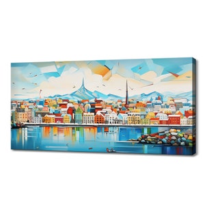 Colourful Reykjavík Capital Of Iceland Canvas Print Wall Art, Modern Design Home Office Decor, Famous Landmarks Skyline Painting Print