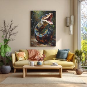 May include: A rectangular wall art print featuring a detailed oil painting of a snake with its mouth open, displaying sharp teeth. The snake has iridescent scales in shades of blue, green, and brown, set against a dark, forest-like background.