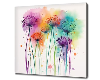 Rainbow Colourful Dandelion Flowers Field Watercolour Painting Style Canvas Print, Modern Floral Wall Art Print, Botanical Art Prints