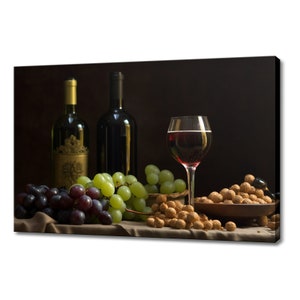 Red Wine Bottle Grapes Nuts Canvas Print | Tuscany Vineyard Italian Art | Wine Lover Gift Wall Hanging | Kitchen Restaurant Wall Art Print