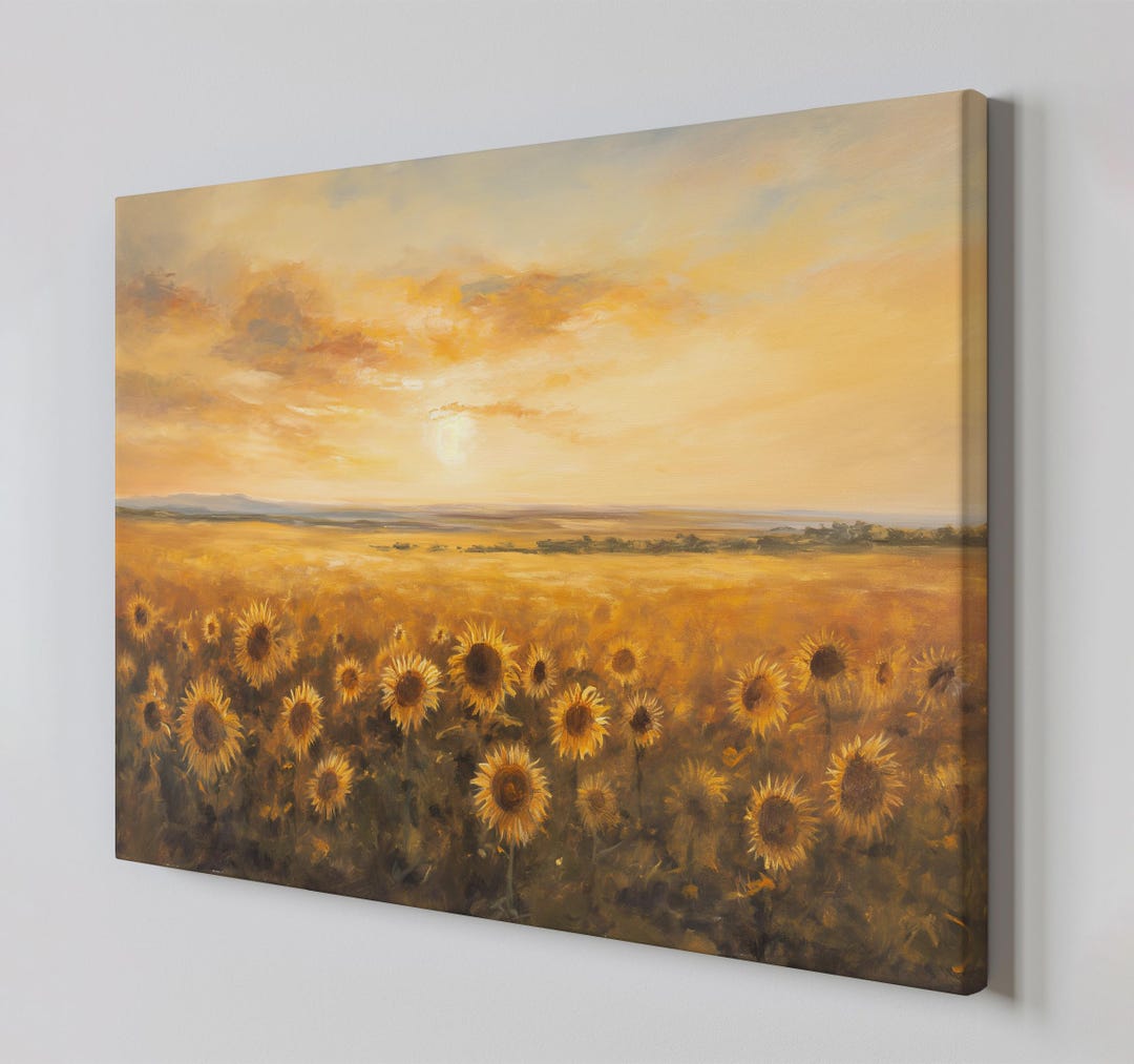 Sunset on a Field of Sunflowers Canvas Print Wall Art, Nature Bedroom ...