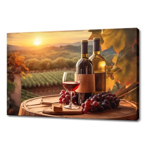 Wine Bottles Grapes Canvas Print | Sunset Over Tuscany Vineyard Italian Art | Wine Lover Gift Wall Hanging | Kitchen Restaurant Wall Art