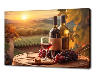 Wine Bottles Grapes Canvas Print | Sunset Over Tuscany Vineyard Italian Art | Wine Lover Gift Wall Hanging | Kitchen Restaurant Wall Art