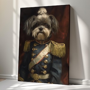 May include: A canvas print featuring a dog portrait in a military uniform. The dog has a white and gray coat and is wearing a dark blue jacket with gold epaulettes, buttons, and a white and red sash. The background is a dark red.