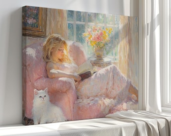Impressionist Canvas Wall Art – Woman Reading by Window – Vintage Pastel Painting for Elegant Living Spaces