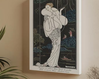 May include: Art Deco print depicting a woman in a white gown and fur wrap, holding a pearl necklace. The artwork has a black background with stylized trees and water elements. The print includes French text at the bottom.