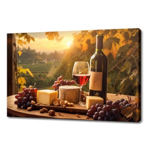 Red Wine Bottle Cheese Grapes Canvas Print | Tuscany Vineyard Italian Art | Wine Lover Gift Wall Hanging | Kitchen Restaurant Wall Art Print
