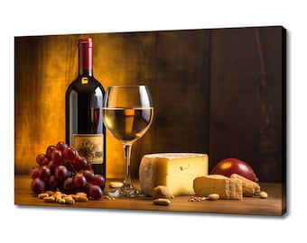 White Wine Bottle Grapes Cheese Canvas Print | Tuscany Vineyard Italian Art | Wine Lover Gift Wall Hanging | Kitchen Restaurant Wall Art