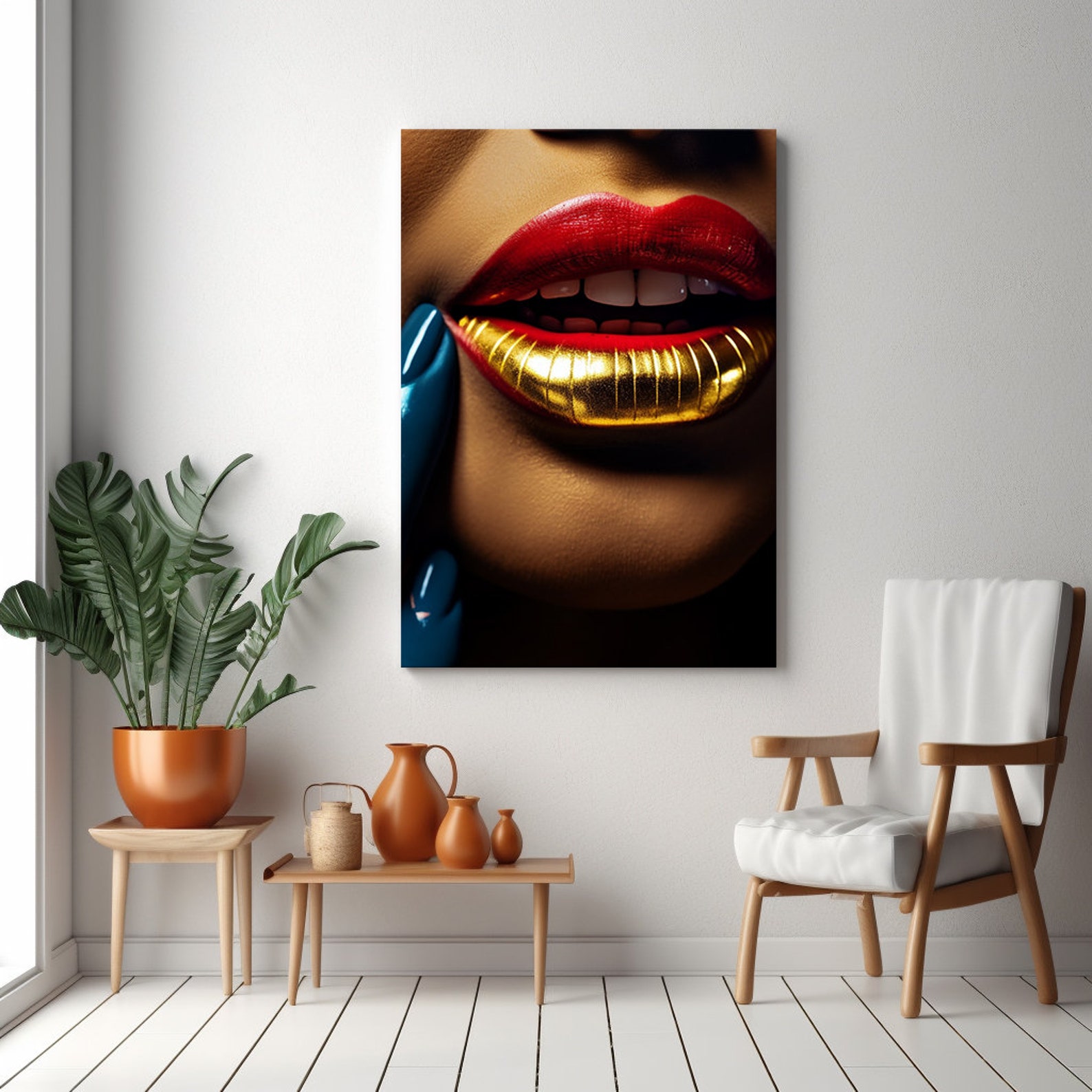 Elegant Metallic Shiny Gold Red Lips Canvas Print | Modern Fashion Wall ...