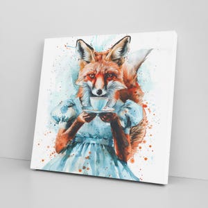 Glam Fox drinking Tea Painting Canvas Print Wall Art – Woodland Animals Rustic Decor – Cute Illustration for Nursery, Bedroom or Living Room
