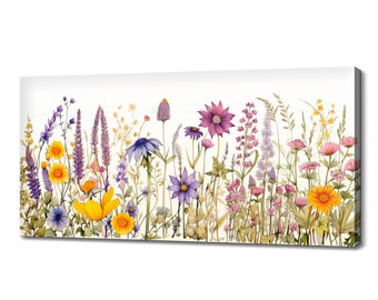 Lámina artística de un campo de flores silvestres coloridas / Lienzo impreso de flores de pradera / Adorno de pared floral botánico en acuarela / Decoración de pared con flores