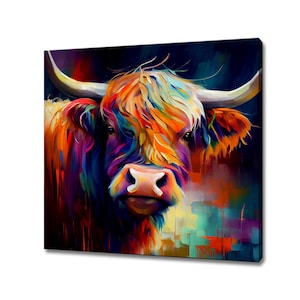 Abstract highland cattle colourful canvas art print picture wall hanging handmade home decor customised gifts wall art fast free uk delivery