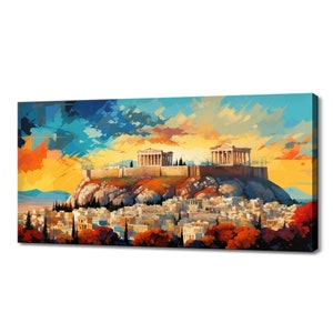 Athens Greece Capital Canvas Print Wall Art, Modern Design Home Office Decor, Famous Landmarks Skyline Colourful Painting Style Print