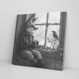 Fox and Bird Drawing Canvas Print Wall Art – Woodland Animals Rustic Decor – Cute Red Foxes Illustration for Nursery, Bedroom or Living Room