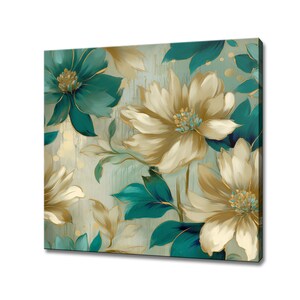 Beige Teal Pastel Soft Blooming Flowers Oil Painting Style Canvas Print, Modern Floral Wall Art Print, Picture Wall Hanging
