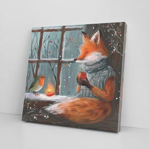 Roodborstje en rode vos schilderij canvas print muurkunst – bosdieren rustiek decor – schattige illustratie voor kinderkamer, slaapkamer of woonkamer