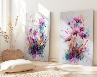 Abstract Wildflowers Canvas Print, Minimalist Wall Art,  Elegant Home Decor, Handmade to Order, Housewarming gift, Set of two