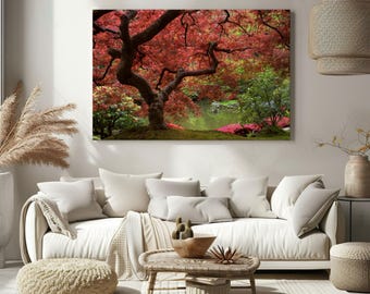 Japanese Garden in Autumn canvas wall art print, autumn landscape art, rustic countryside home décor, seasonal wall artwork for living room