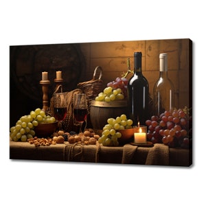 Wine Bottles Grapes Nuts Candle Canvas Print | Tuscany Vineyard Italian Art | Wine Lover Gift Wall Hanging | Kitchen Restaurant Wall Art