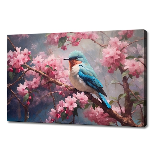 Blau weißer Vogel sitzt auf rosa blühendem Baum | Wandbild Leinwand | Vogel Wohnkultur Gemälde Wandbehang | Natur inspirierte Wandkunst
