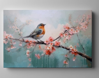 Robin Bird Pink Blossom Canvas Print | Nature Inspired Wall Art