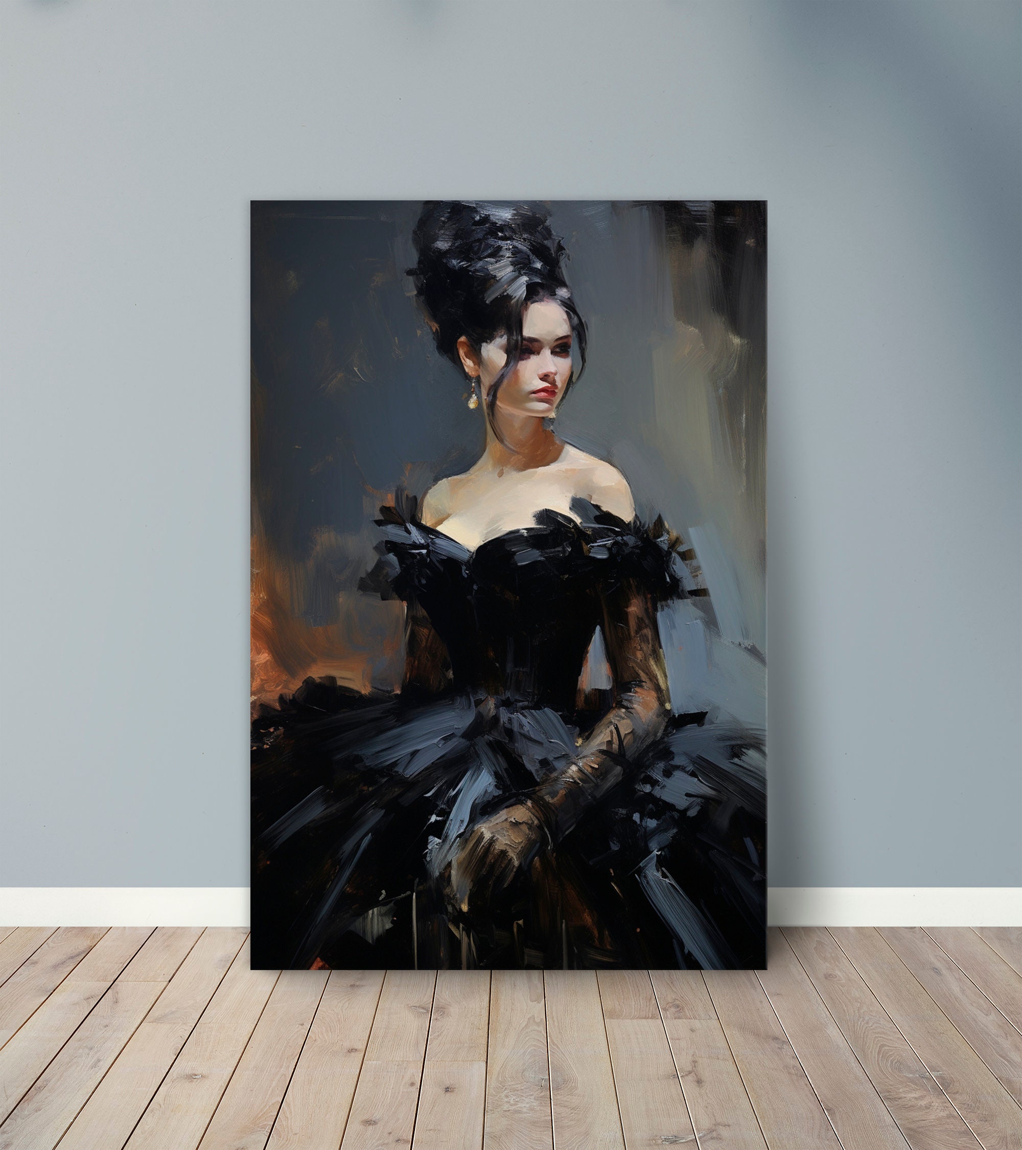 Lady in Black Baroque Puffy Dress Canvas Print | Fashion Art Print I  Victorian Antique Female Wall Art | Vintage Portrait Painting Print - Etsy