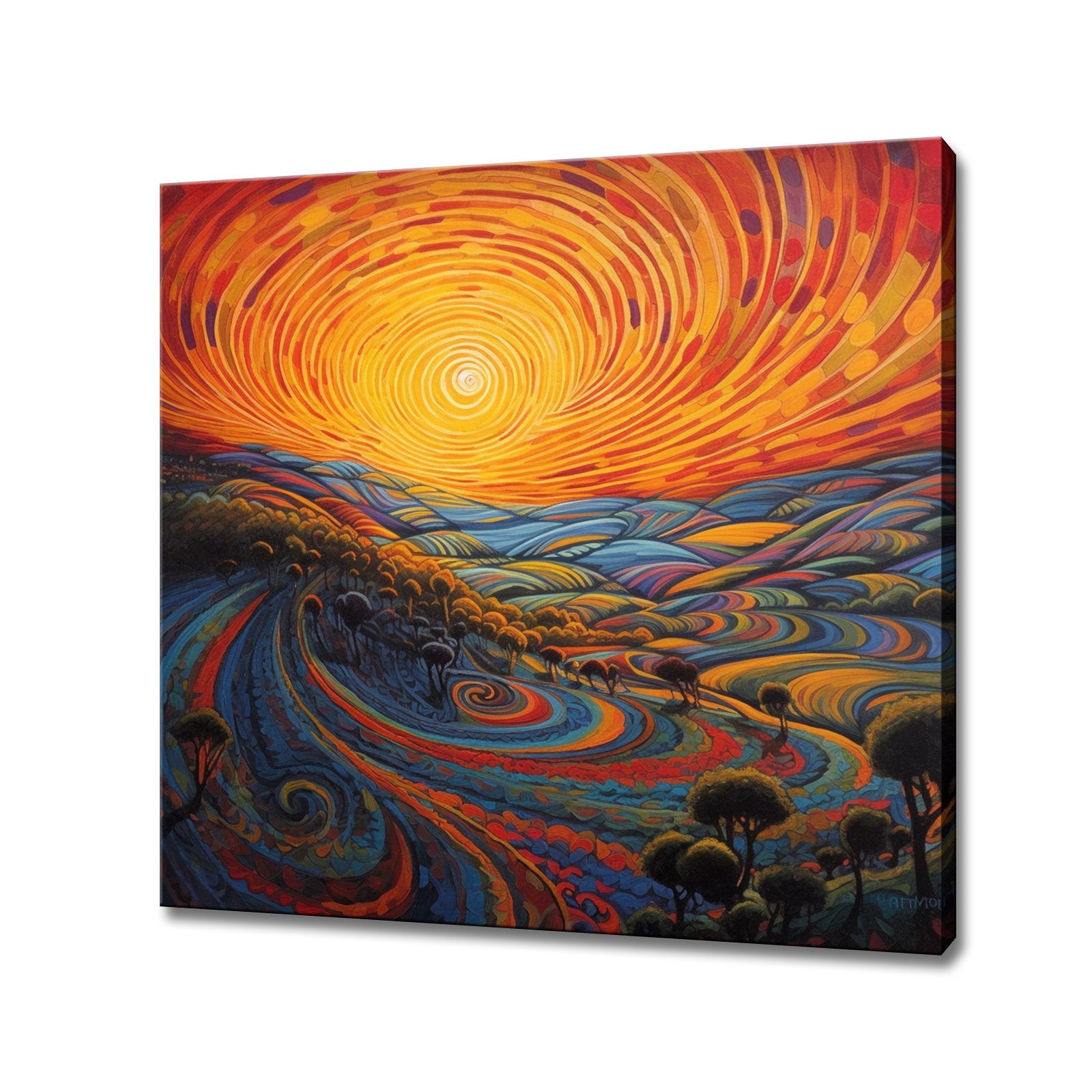 Abstract Psychedelic Landscape Sunset Painting Style Canvas Print, Surreal Sunset Abstract Wall Art, Colourful Fantasy Retro Landscape Print