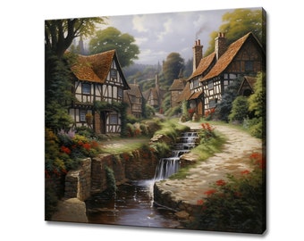 May include: A painting of a quaint English village with charming cottages, a winding cobblestone path, and a small waterfall cascading into a stream. The houses are painted in shades of white and brown with red tile roofs. Lush greenery surrounds the village, creating a picturesque scene.