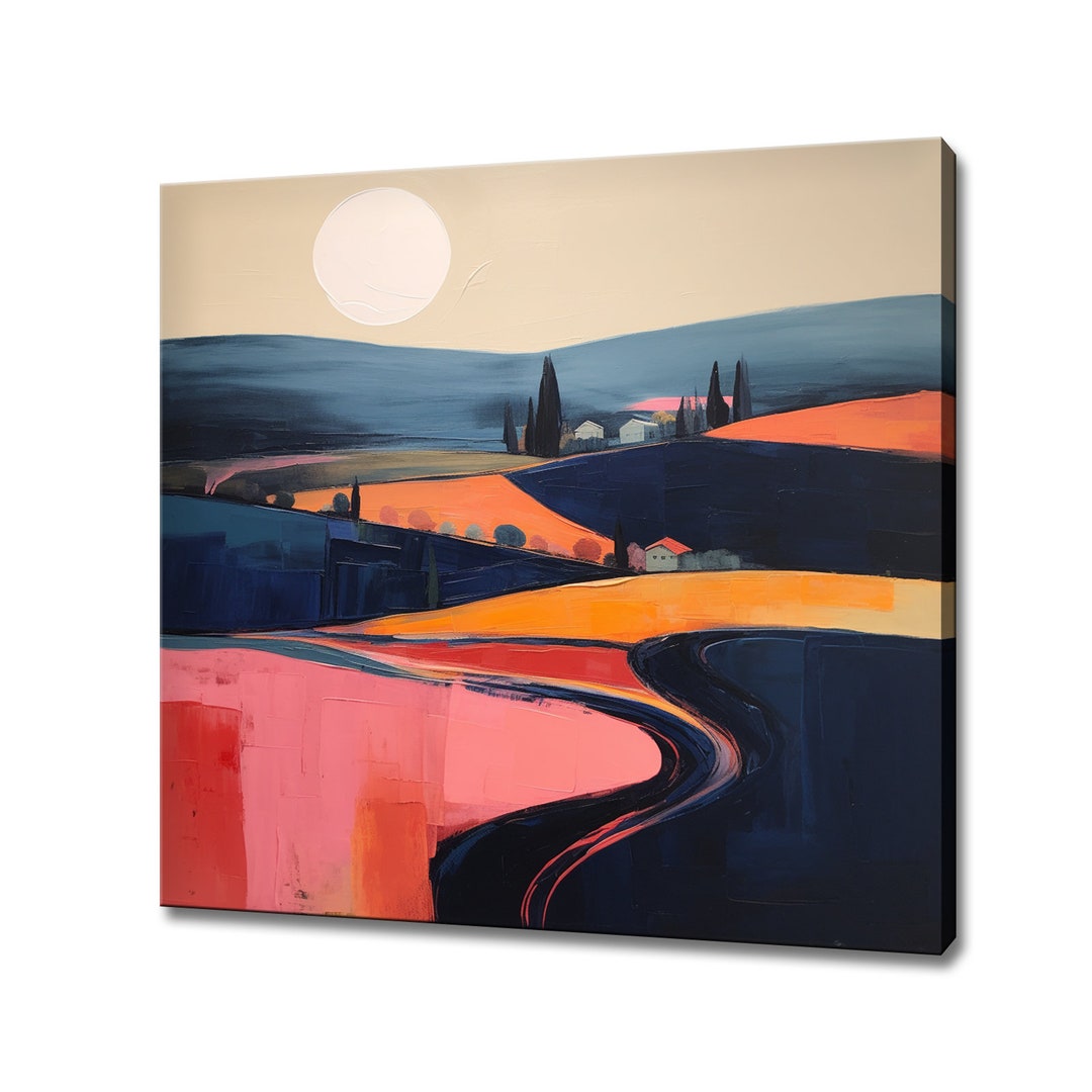 Minimal Abstract Moon Pink Fields Landscape Oil Painting Style Canvas ...
