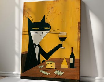 Tuxedo Cat Canvas Print Wall Art - Fantasievolle Katze mit Wein und Käse, Humorvolles klassisches Kunstwerk