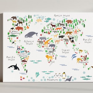 Weltkarte, Kinderzimmer Dekor, Tiere Muster, Kunstdruck auf Leinwand, Wandbehang fürs Kinderzimmer