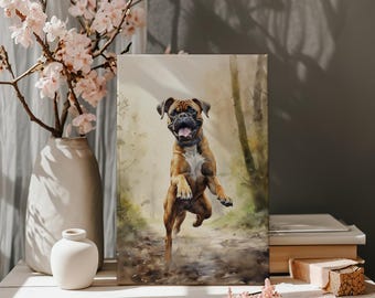 May include: A canvas print featuring a Boxer dog in a watercolor style. The dog is brown and white, mid-jump, with its tongue out. The background depicts a forest scene with muted greens and browns. The print is displayed on a white surface.
