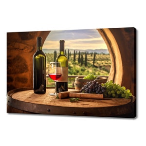 Red Wine Bottle Glass Grapes Canvas Print | Tuscany Vineyard Italian Art | Wine Lover Gift Wall Hanging | Kitchen Restaurant Wall Art Print