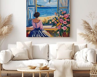Romantic Coastal Woman Canvas Print – Impressionist Wall Art with Blue and Pink Flowers