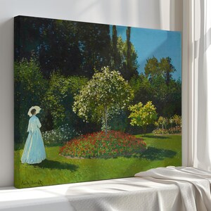 Monet&#39;s dame in de tuin canvasafdruk: kunstreproductie in vintagestijl