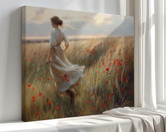 Romantic Canvas Wall Art – Woman Walking in Flower Field – Vintage Style Nature Painting for Living Room or Bedroom