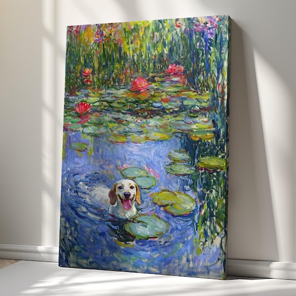 Happy Labrador Puppy in Water Lilies Canvas Print Wall Art – Vibrant Monet-Style Impressionist Painting for Elegant Home Décor
