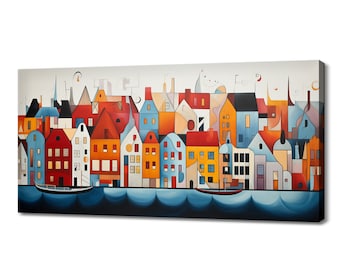 Copenhagen Watercolor Canvas Print, Colorful Cityscape Skyline Wall Art