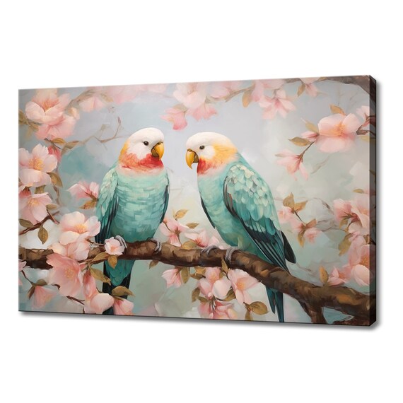 Two Parrots Love Birds Canvas Print | Blossoming Tree Wall Art