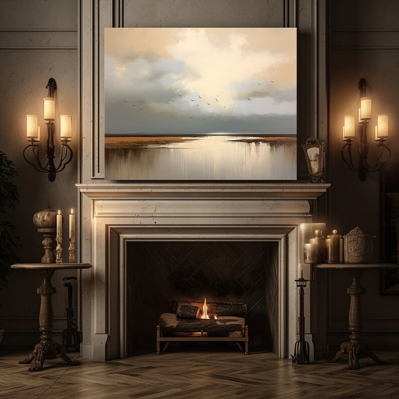 May include: A painting depicting a seascape with a golden sky and a tranquil body of water. The artwork is displayed above a fireplace with a lit fire.