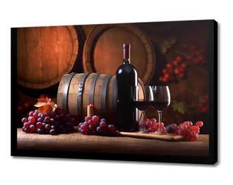 Red Wine Barrel Bottle Grapes Canvas Print | Tuscany Vineyard Italian Art | Wine Lover Gift Wall Hanging | Kitchen Restaurant Wall Art Print